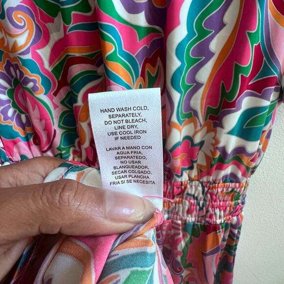 Nicole Miller Dress Womens L Pink Multi Satin Floral Abstract Pocket Ruffle Mini - Picture 10 of 10